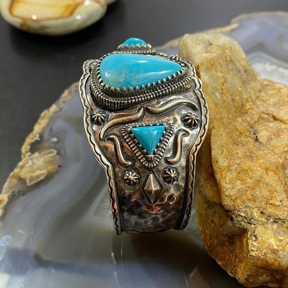 Carolyn Pollack Sterling Silver 3 Turquoise Decorated Heavy Bracelet For Women - Picture 5 of 10